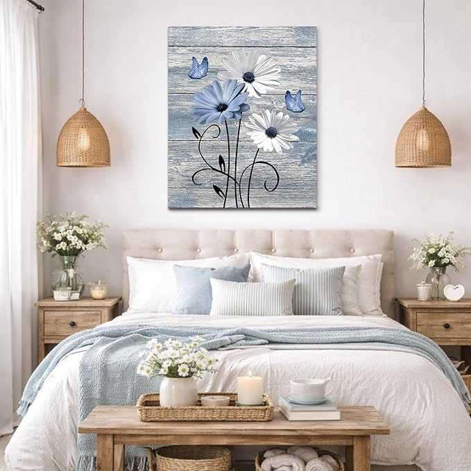 MYUSRE Farmhouse Blue Floral Canvas Wall Art Rustic Wood Daisy Butterfly Framed Wall Art Country Flower Pictures for Living Room Bedroom Bathroom Office Decor Ready to Hang, 16L X 12W Inch