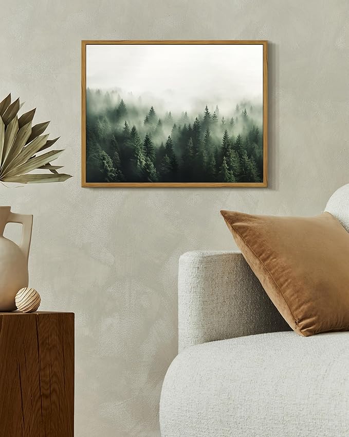 SHENIFY Green Fog Pine Tree Forest Vintage Framed Wall Art Modern Landscape Scenery Farmhouse Artwork Prints Decor for Kitchen Living Room Bedroom Bathroom - 11x14in Natural Framed
