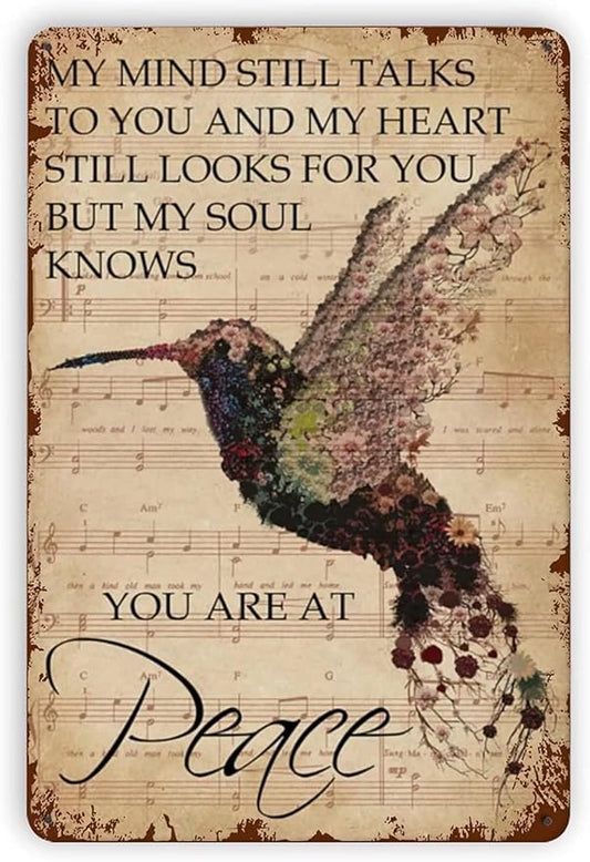 Hummingbird Metal Tin Sign You are at Peace Retro Vintage Bird Wall Decor Home Bedroom Bar Cafe Farm 8x12 Inch