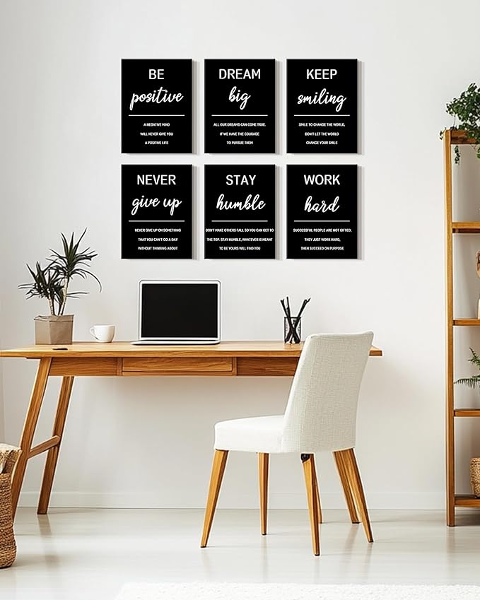 KUVIOKE Inspirational Framed Wall Art Motivational Quotes Wall Decor Encouraging Office Posters Positive Affirmations Sayings for Classroom Bedroom Living Room Ready to Hang Set of 6, 12x16in (Framed)