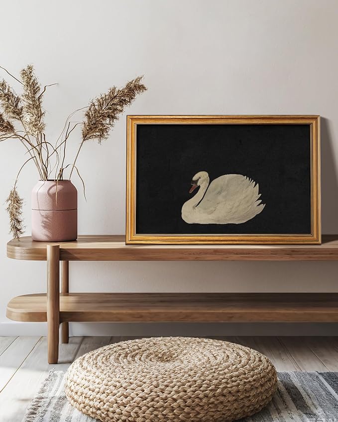 HUARCEY Gold Framed Vintage Wall Art for Living Room, Grace Swan Art Painting Pictures Rustic Animal Bathroom Prints Farmhouse Wall Decor Canvas Swan Shelf Decor for Kitchen Bedroom (Zwaan 16"x24")