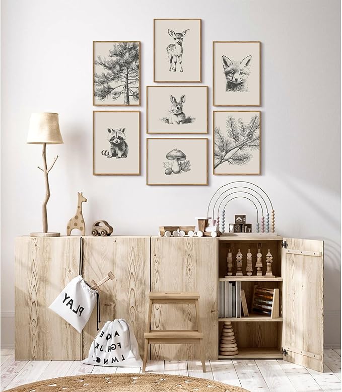Nursery Wall Art Woodland Animal Canvas Wall Decor Baby Room Pictures Forest Animal Prints Kids Wall Art Pine Tree Poster Nature Vintage Artwork Deer Fox Painting for Bedroom 8x10x7 Inch Unframed