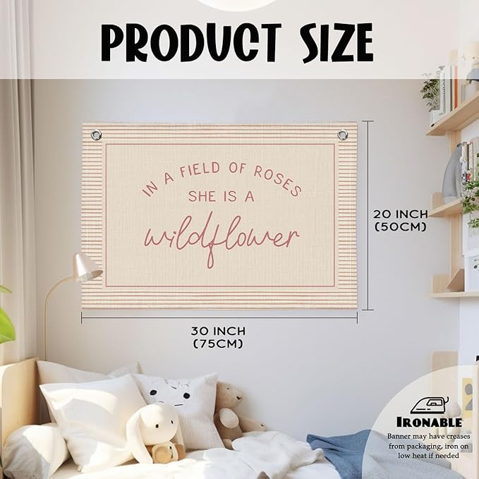 Wildflower Nursery Decor, Girls Room Decor - In a Field Full of Roses She Is a Wildflower Pink Linen Banner Flag for Little Girl Baby Girl - Pink Line