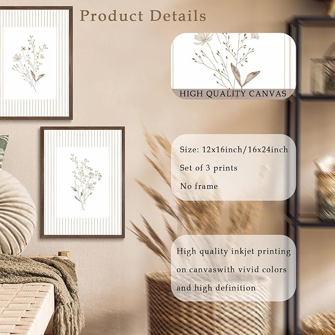 LYVTEU 2Pcs Neutral Wildflower Wall Art Vintage Floral Botanical Canvas Wall Decor Watercolor Striped Boho Flower Bouquet Pictures Prints Posters for Bedroom Farmhouse Wall Decor 12X16 Inch Unframed