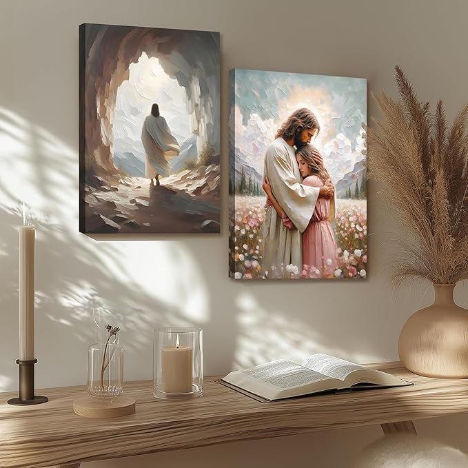 HLXRAE Framed Jesus Wall Art, Jesus Resurrection Leaves the Tomb Canvas Painting, Minimalist Christian Empty Tomb Poster Print, Christian Wall Decor for Church Prayer Room Hospitals Home 12"x16"