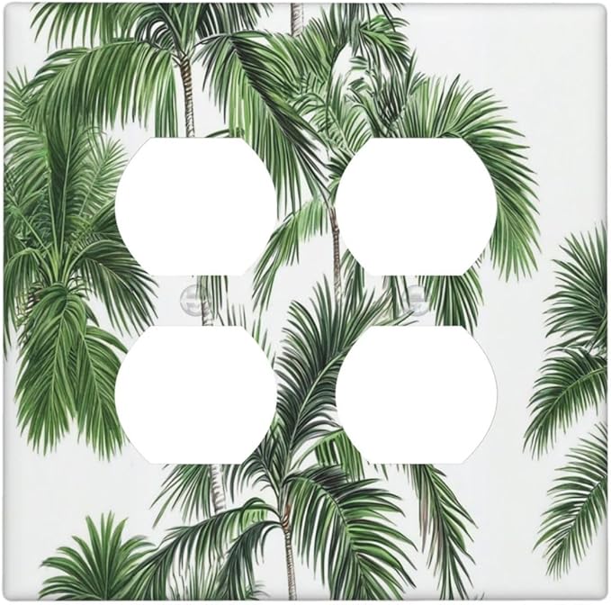 Outlet Covers Palm Trees Tropical Green Plant Palm Leaf 2 Gang Double Duplex Decorative Light Switch Covers Electrical Wallplates Socket Faceplate For Bed Room Bathroom Decor
