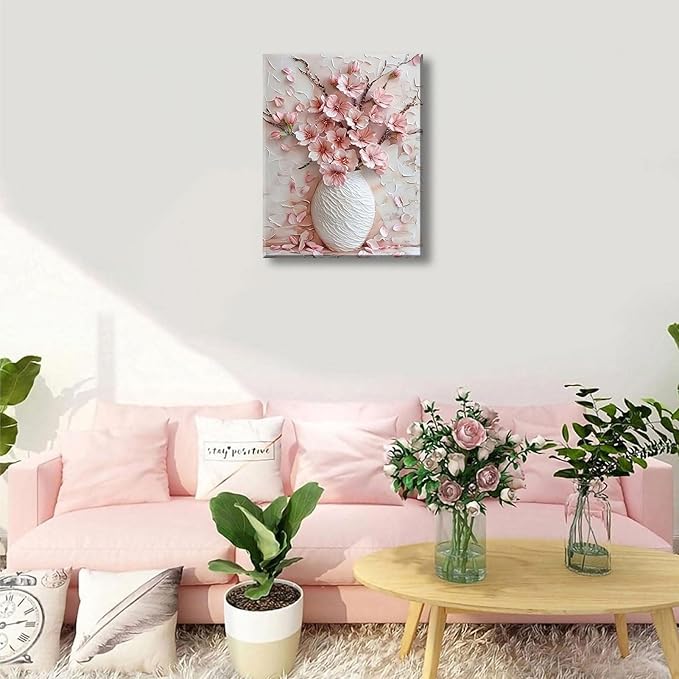 Pink Floral Canvas Wall Art sakura Flowers Botanical painting Decor Pictures Cherry blossoms Posters Prints for Living Room Classroom Bedroom office corridor bathroom Decoration