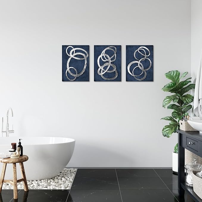 iKNOW FOTO Set of 3 Modern Abstract Blue and Silver Circle Canvas Prints Contemporary Artwork Painting for Bedroom and Bathroom Stretched Canvas Ready to Hang Each Panel 12x16 inches