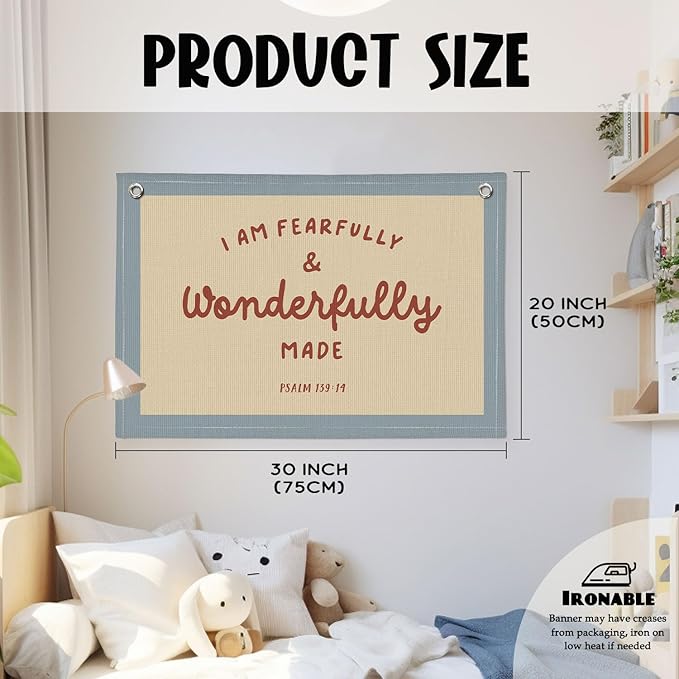 Kids Room Decor - Bible Verse Wall Hanging, 'I am Fearfully and Wonderfully Made' Linen Banner, Canvas Decoration for Classroom, Nursery - Blue