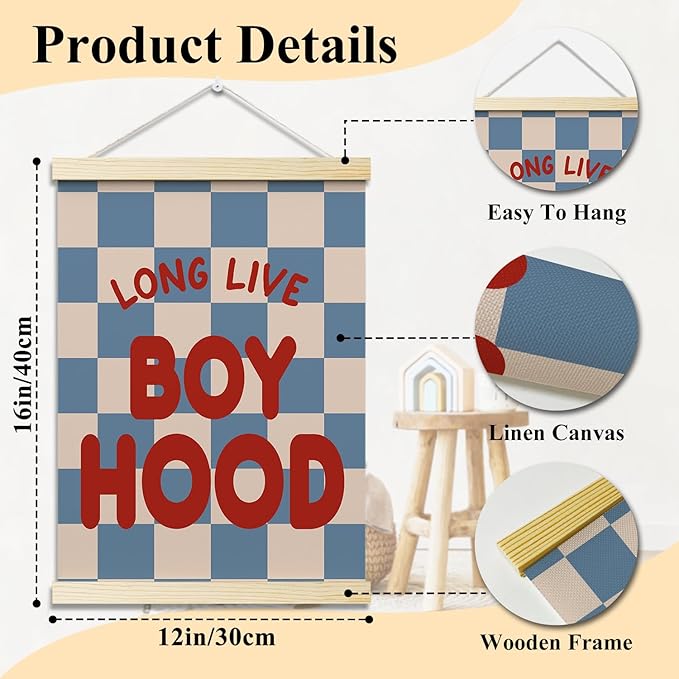 Long Live Boyhood Posters Hanger Frame for Boys Room Checkered Hanging Poster for Bedroom Kids Room Classroom Decor Wall Art Decor for Nursery Playroom Canvas Wall Art Print 16x12 Inches - YY065