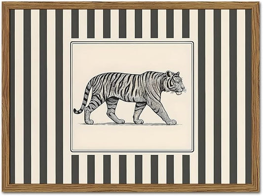 Vintage Tiger Wall Art Wildlife Wall Decor Pictures Black and White Stripe Jungle Animal Poster Canvas Painting Print for Bedroom Living Room Bathroom 12x16 inch Wood Framed
