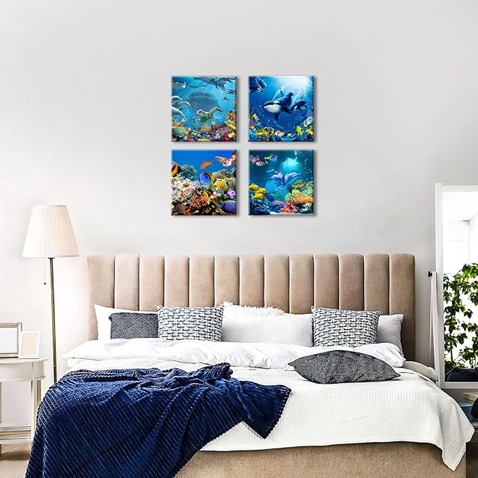 Ocean Animals Wall Art for Bathroom Beach Theme Sea Turtle Pictures Wall Decor Nautical Fish Dolphins Whales Canvas Prints Nautical Paintings Large Artwork Bedroom Nursery Home Decorations 24x24” 4Pcs