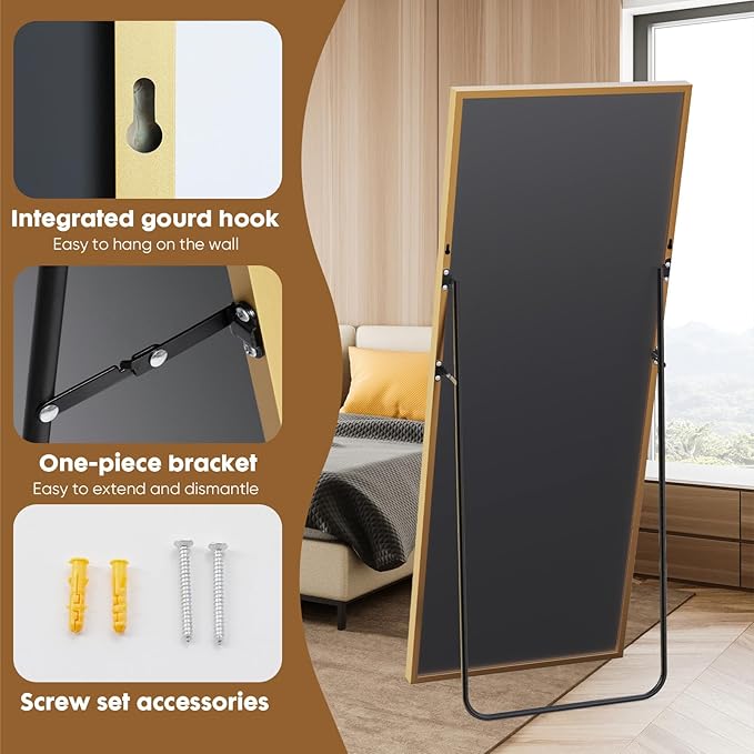DUMOS Full Length Mirror with Stand 70.4"x25.6" Floor Standing Aluminum Frame for Bedroom Body Hanging Leaning Modern Simple Home Decor Shatter-proorf Nano Glass Wall Living Room Cloakroom Gold