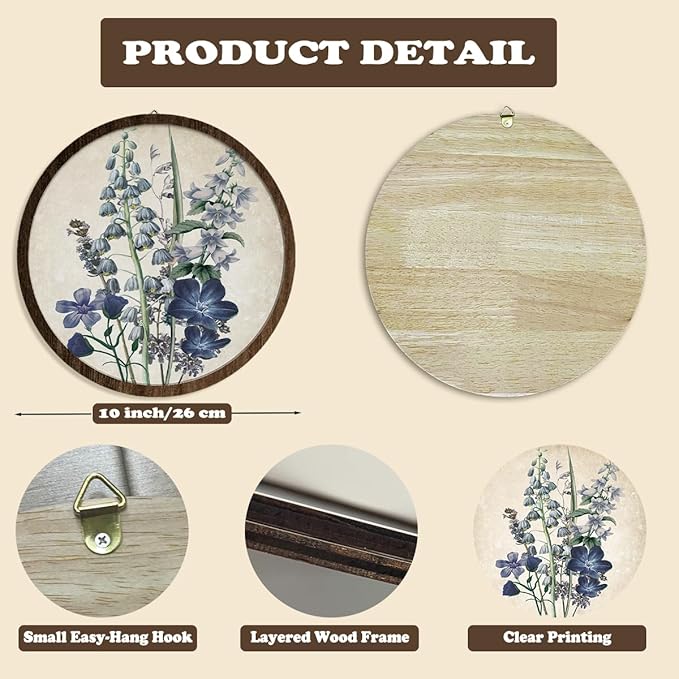 BIWSHA Vintage Blue Floral French Country Wall Art Decor, Antique Wildflower Flower Botanical Round Wooden Wall Hanging Decor for Home Bedroom Living Room Bathroom Office, 10 Inch Diameter