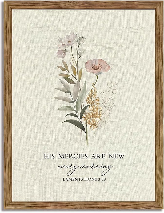 Christian Scripture Canvas Wall Art Bible Inspirational Poster Wall Decor His Mercies Are New Every Morning Pictures Print for Prayer Room Office Living Room Home Decoration 12x16 in Wood Framed