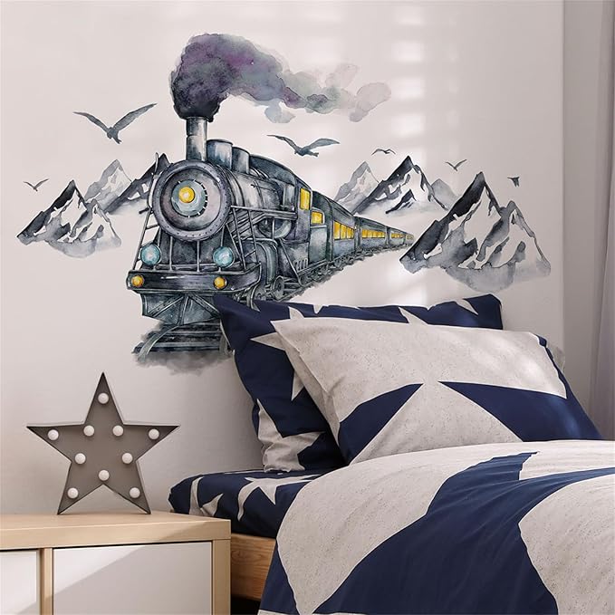 Ink Train Car Wall Stickers, 3D Wall Decals, Self Adhesive Removable, Art Decal Mural Wallpaper Decor, Kids Boy Room Bedroom Playroom (Ink Train)