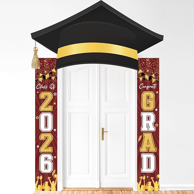 3Pcs Graduation Cap Door Banner 2026 Graduation Door Decoration Class of 2026 Porch Sign Congrat Grad Hanging Banner Decor Grad Party Indoor Outdoor Wall Decor Photo Prop Supplies Maroon Gold