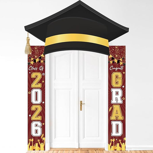 3Pcs Graduation Cap Door Banner 2026 Graduation Door Decoration Class of 2026 Porch Sign Congrat Grad Hanging Banner Decor Grad Party Indoor Outdoor Wall Decor Photo Prop Supplies Maroon Gold