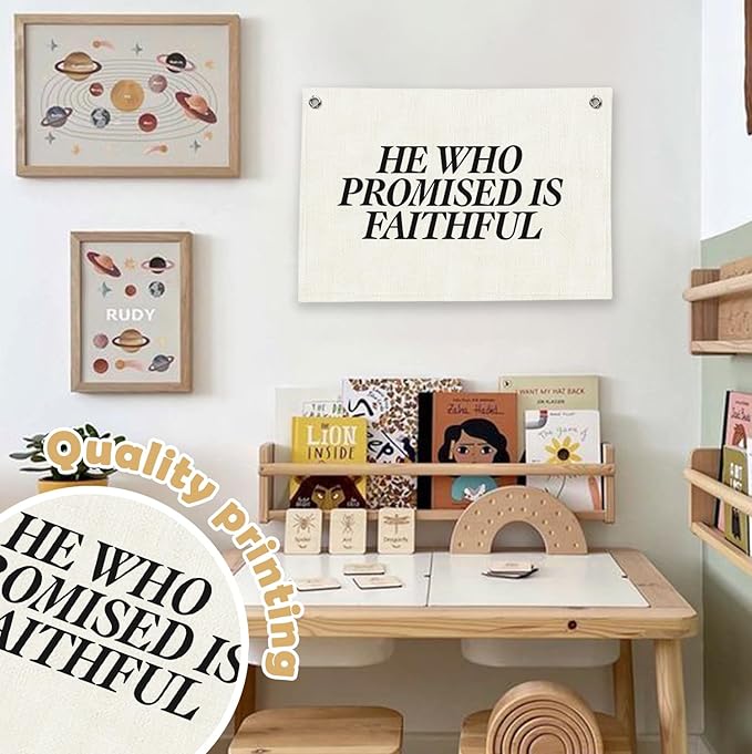 RTXLEZM Christian Bible Verses Canvas Banner Wall Hanging, He Who Promised Is Faithful Religious Scripture Modern Minimalist Wall Banner Decor for Home Bedroom Living Room Prayer Room, 20x30 Inch