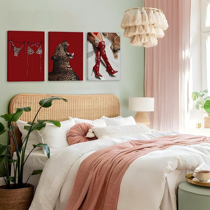 3Pcs Red Fashion Leopard Wall Art Cheetah Wall Decor Pictures Fashion Retro Long Boots Poster Chic Bikini Painting Artwork for Living Room Bedroom Bathroom Corridor Home Decoration 12x16 Framed