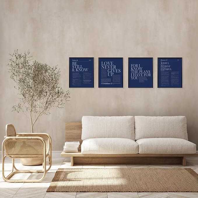 Locomiss Navy Blue Christian Wall Art Decor, Modern Bible Verse Prints, Minimalist Jesus Scripture Wall Decor, Inspirational Bible Posters for Bedroom Office Living Room, Set of 4 (8x10 Unframed)