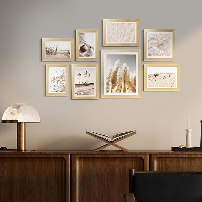ArtbyHannah Gallery Wall Frame Set, 8 Pack Picture Frames Collage Wall Art Decor with Neutral Pampas Grass for Bedroom, Assorted Size Including 8"x10", 5"x7", 4"x6", 6"x6"(Gold Frame,Small)