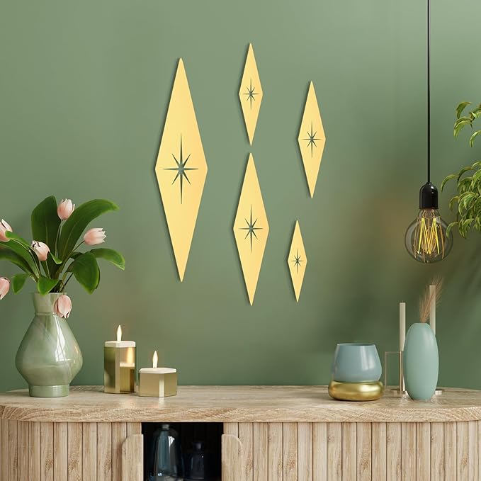 Yaocom 5 Pieces Mid Century Modern Decor Midcentury Vintage Style Gold Starburst Metal Wall Art Elegance Wall Accents Diamond Star Bursts Decor Vintage Home Decoration