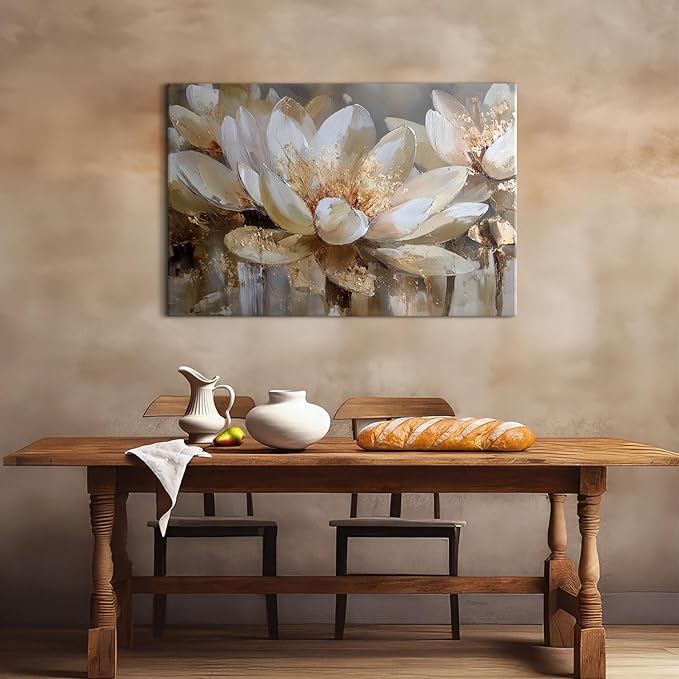 Zen Wall Art Abstract Lotus Wall Decor for Bedroom Spiritual Meditation Paintings Picture White and Gold Flowers Canvas Prints Minimalist Floral Artwork for Living Room Office Decorations 32x48"