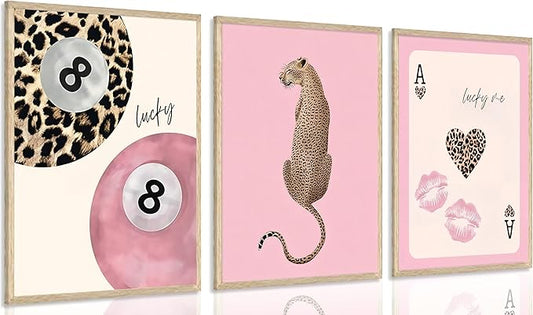 3 Pcs Trendy Pink Preppy Leopard Wall Art Lucky 8 Ball Playing Card Painting Picture Wall Decor Pink Coquette Funky Cheetah Poster Print Artwork for Girls Bedroom Living Room Apartment Home Decoration