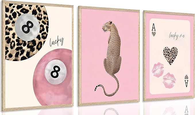 3 Pcs Trendy Pink Preppy Leopard Wall Art Lucky 8 Ball Playing Card Painting Picture Wall Decor Pink Coquette Funky Cheetah Poster Print Artwork for Girls Bedroom Living Room Apartment Home Decoration