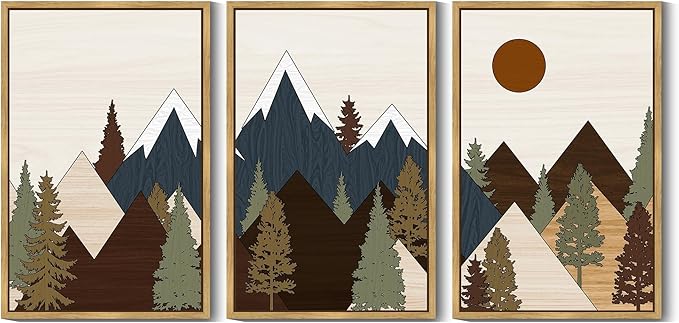 Drsoum Morden Mountains Landscape Wall Art Framed Boho Pine Tree Forest Nature Prints Boho Farmhouse Rustic Artwork Hallway Bedroom Ready to Hang 24x36in Natural Framed