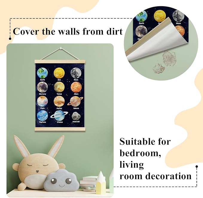 Solar System Posters Hanger Frame for Classroom Outer Space Hanging Poster for Nursery Decor Educational Wall Art Decor for Preschool Kids Room Playroom Canvas Wall Art Print 16x12 Inch - YY060