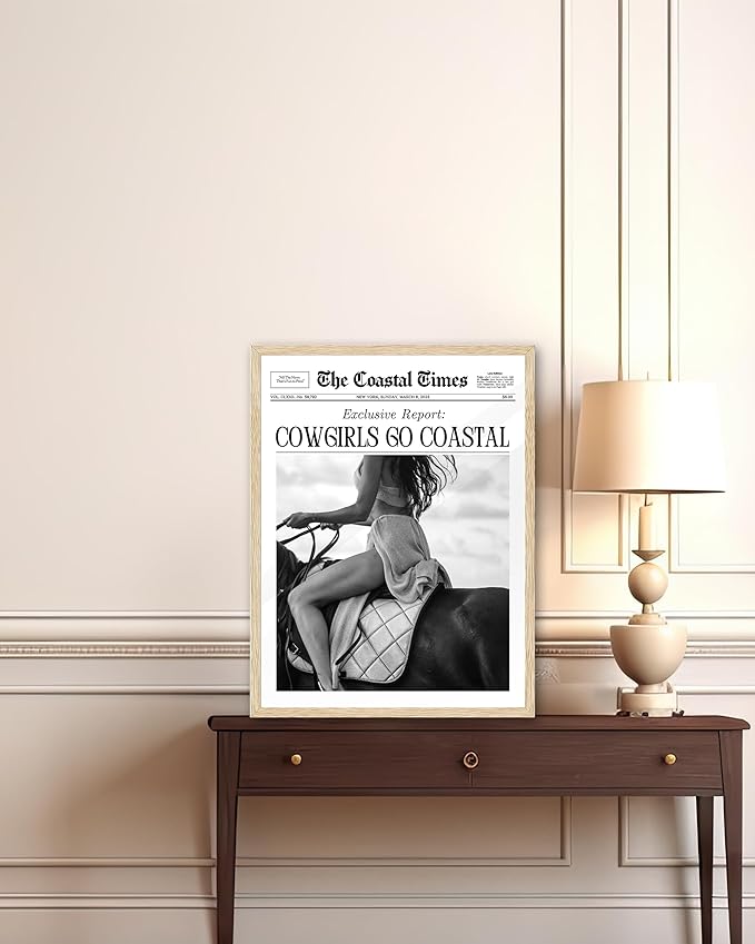 iHery Cowgirls Go Coastal Framed NewsPaper Canvas Wall Art,Natural OAK Wood 12x16in Wall Decor For Bedroom, Trendy Western Horseback Riding Times for Dorm Living Room, Home Décor 1Pack