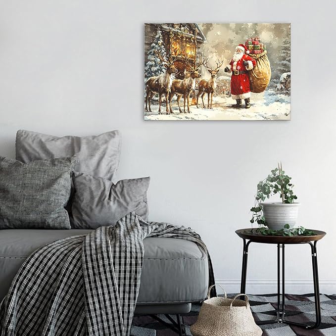 Farmhouse Christmas Wall Art for Living Room Santa Claus Wall Decor Vintage Reindeers Canvas Prints Christmas Deer Pictures Winter Landscape Painting Artwork Kitchen Office Home Decorations 16x24"