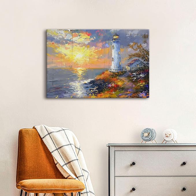 Sunset Coastal Wall Art Lighthouse Pictures Abstract Nature Beach Scenery Canvas Prints Ocean Landscape Wall Decor Seascape Poster Painting Artwork for Bedroom Bathroom Home Decorations 16x24"