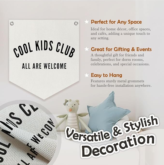 Cool Kids Club Pennant Banner – Playroom Decor, Boyhood Linen Pennant, Kids Wall Hanging, Canvas Triangle Flag for Toddler Boy Nursery & Playroom Essentials, 14.5x12.6 in