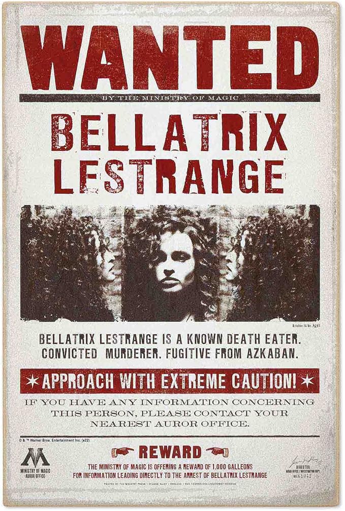 Harry Potter Bellatrix Lestrange Wanted Poster Wood Wall Decor - Vintage Bellatrix Lestrange Sign for Kids' Bedroom or Movie Room