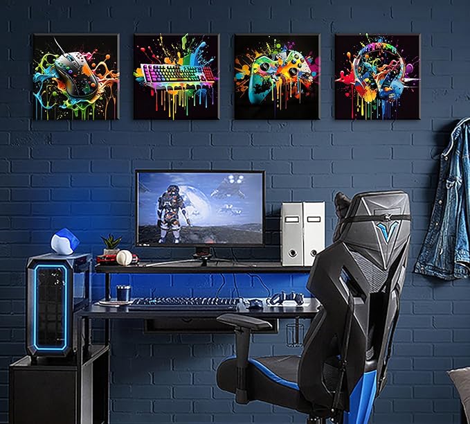 Gamer Room Decor for Boys - Game Wall Art Graffiti Gamepad Earphone Canvas Print Pictures Cool Video Gaming Poster Street Pop Men Cave Teen Bedroom Dorm Playroom Home Artwork Framed 12"X12"X4 Panels