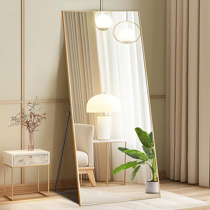 DUMOS Full Length Mirror with Stand, 56"x21" Floor Mirror with Aluminum Alloy Frame for Bedroom, Standing Full Body Mirror with Shatter-proorf Nano Glass for Wall, Living Room, Cloakroom, Gold
