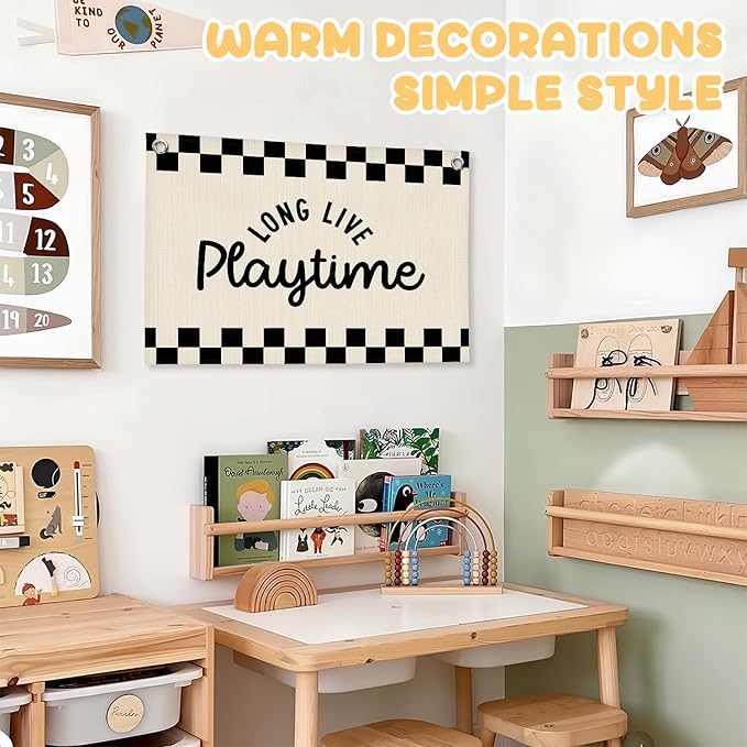 Long Live Playtime Black and White Checkered Boys Room Decor - Linen Banner Wall Hanging Canvas Banner Flag Decor for Toddler Boy Bedroom Nursery Playroom