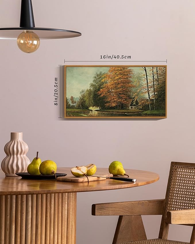 SHENIFY Vintage Framed Wall Art Countryside River Landscape Painting Retro Fall Scenery Farmhouse Kitchen Living Room Decor - 8x16in Natural Framed