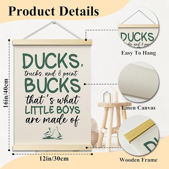 Ducks Trucks and 8 Point Bucks Posters Hanger Frame for Boys Room Hanging Poster for Bedroom Kids Room Classroom Decor Wall Art Decor for Nursery Playroom Canvas Wall Art Print 16x12 Inches - YY061