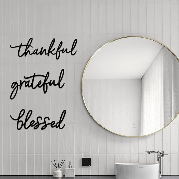 Thankful Grateful Blessed Letter Sign Metal Wall Decor, 3 Piece Black Letters Wall Art for Bathroom Bedroom Metal Words Wall Decor for Home Decor