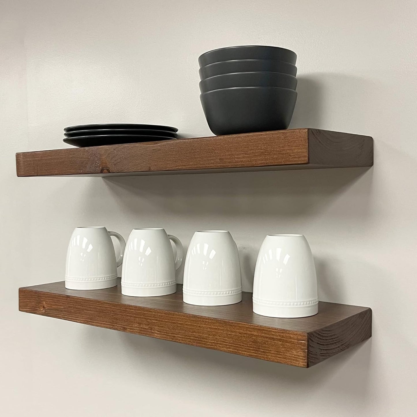 URBANDI, Rustic Floating Shelves, Set of 2, Hidden Bracket, Solid Wood, Heavy Duty, Wall Mounted Shelves, (Provincial, 48Wx6D)
