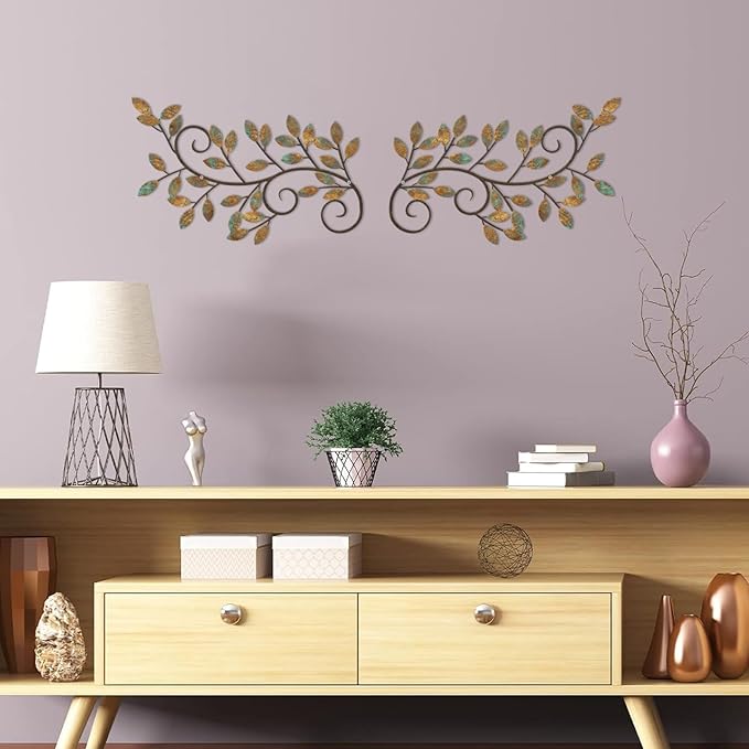 ESTART 2 Pieces Metal Tree Leaf Wall Decor Vine Olive Branch Leaf Wall Art Ornament Wall Hanging Sign for above Door, Living Room, Bathroom, Office, Indoor and Outdoor Decoration (Rusty Color)