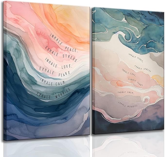 2Pcs framed Mental Health Poster Inhale Exhale Meditation Vintage Abstract Watercolor Canvas Prints Wall Art for Therapy Office Calming Corner Wall Decor 12x16 in