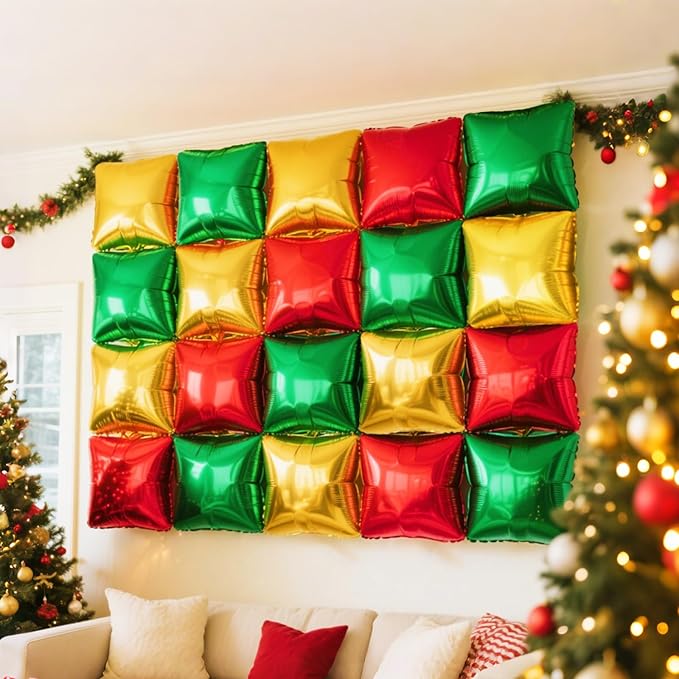 NISOCY 36PCS Red Green Gold Square Foil Balloons Wall Backdrop Double Sided Red Green Gold Balloons Arch Kit for Birthday Christmas New Year’s Graduation Anniversary Wedding Party Decorations