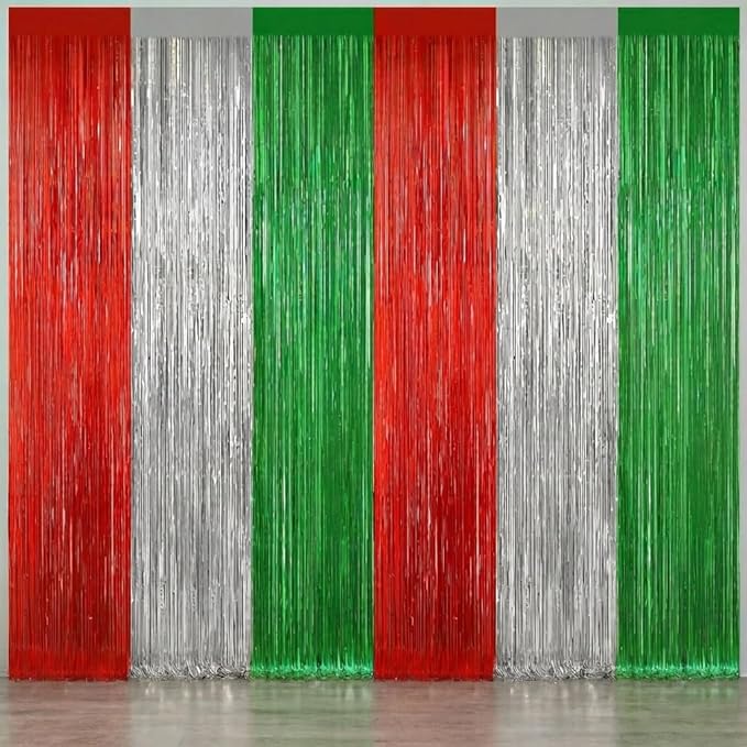 2 Pack Christmas Backdrop, Red Silver Green Party Streamer, Metallic Xmas Backdrop Fringe Curtains Foil Tinsel, Christmas Decorations Wall Decor Streamers Photo Booth Props