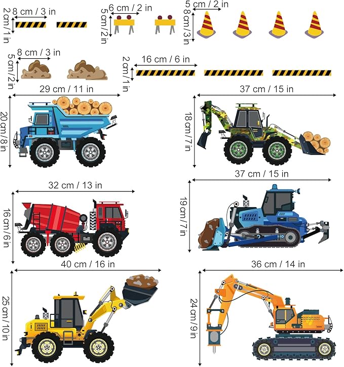 decalmile Construction Vehicles Wall Stickers Trucks Excavator Tractor Wall Decals Kids Bedroom Boys Room Playroom Wall Decor