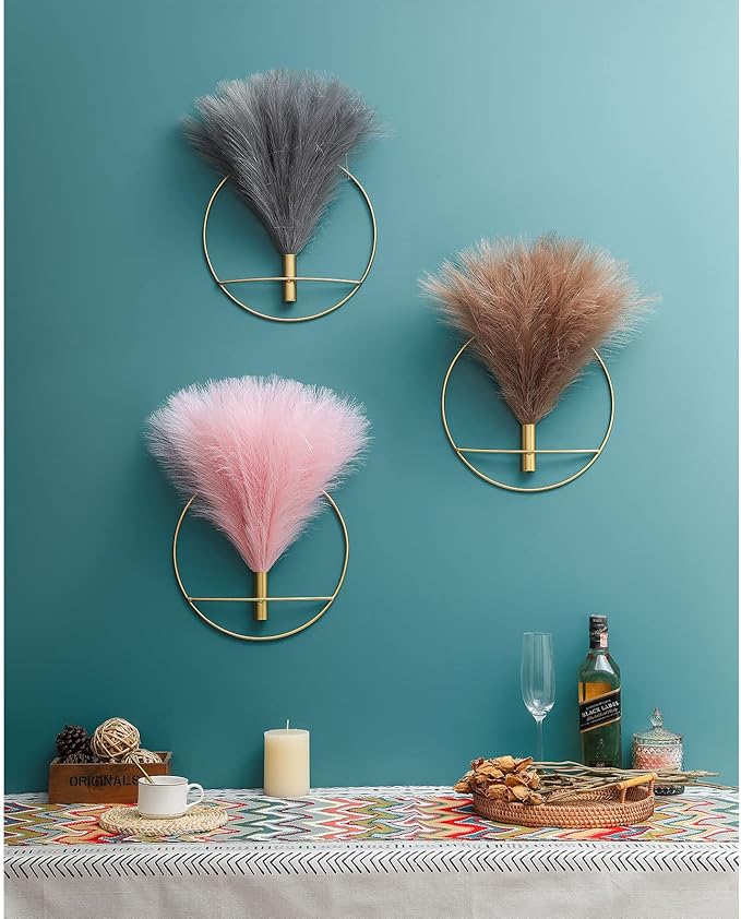 Pretty Jolly Boho Wall Decor, Large Wall-Mounted Metal Wall Decor, Hanging Artificial Pampas Display, Wall Art Living Room, Bedroom, Bathroom, Dining room, 2 Pack Gold Gray